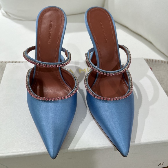 Amina Muaddi glida mule heels in powder blue with pink embellishments - Picture 5 of 8